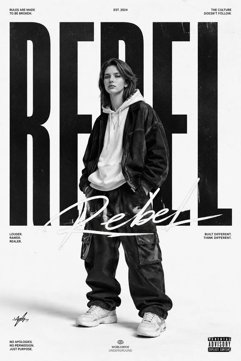 Bold monochrome streetwear editorial with oversized urban fashion