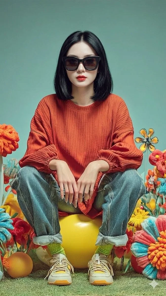 Bold Oversized Fashion Meets Vibrant Plush Florals in Surreal Studio