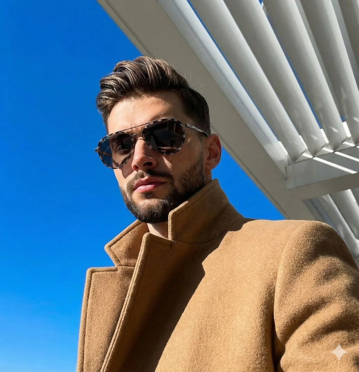 Bold Portrait of a Man in Patterned Aviators and Tan Coat