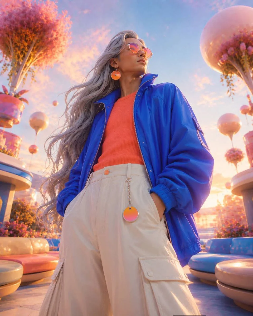 Bold toy-like woman with glossy hair poses in vivid sunset scene