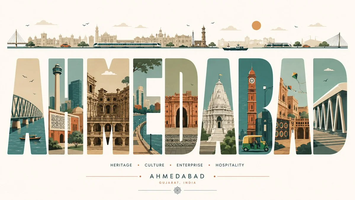 Bold typography poster shows Ahmedabad's landmarks inside giant letters