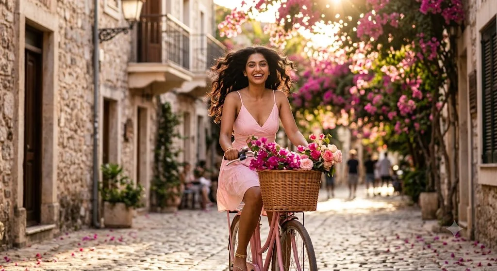 Bougainvillea petals frame a radiant cyclist in golden summer light