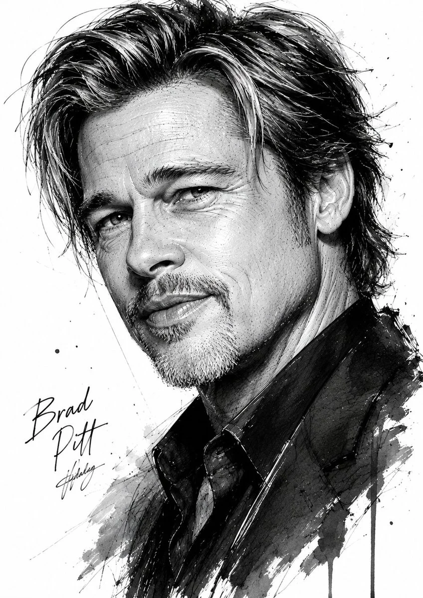 Brad Pitt's confident smile captured in hyper-realistic graphite sketch