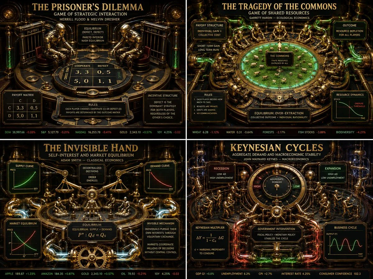 Brass gears and gilt scales depict the prisoner's dilemma