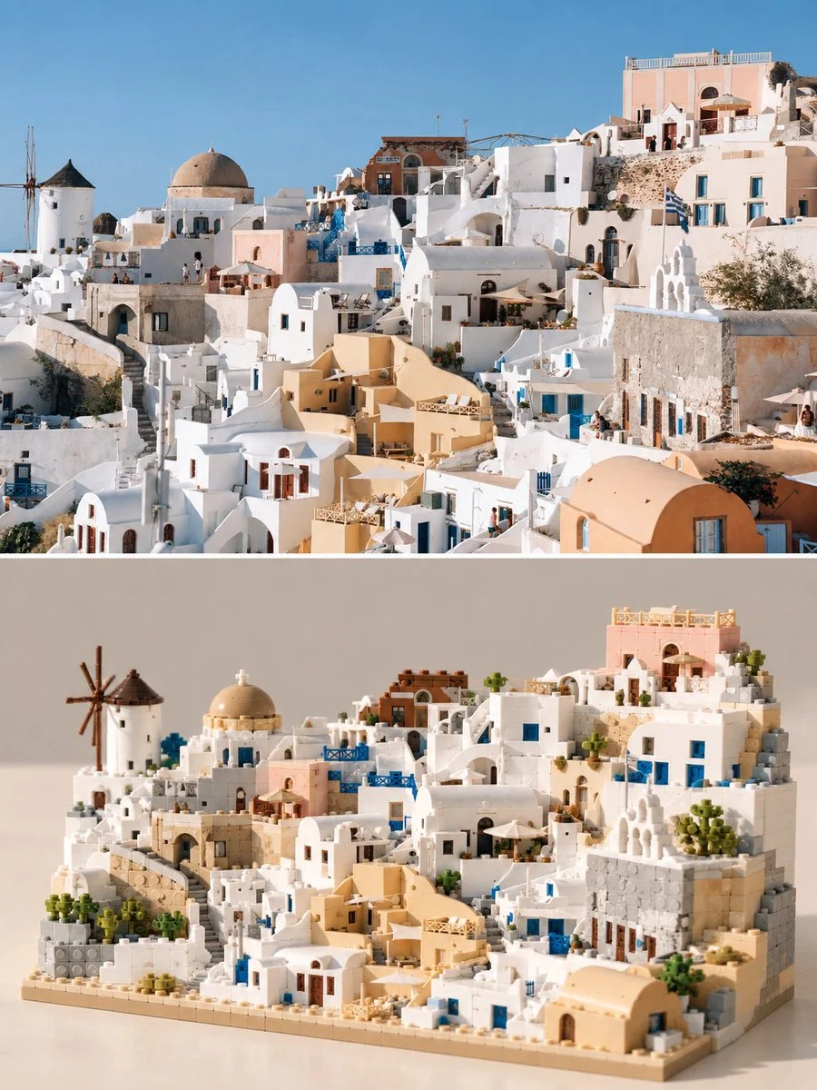 Brick-built travel scene recreates iconic landmarks in miniature detail