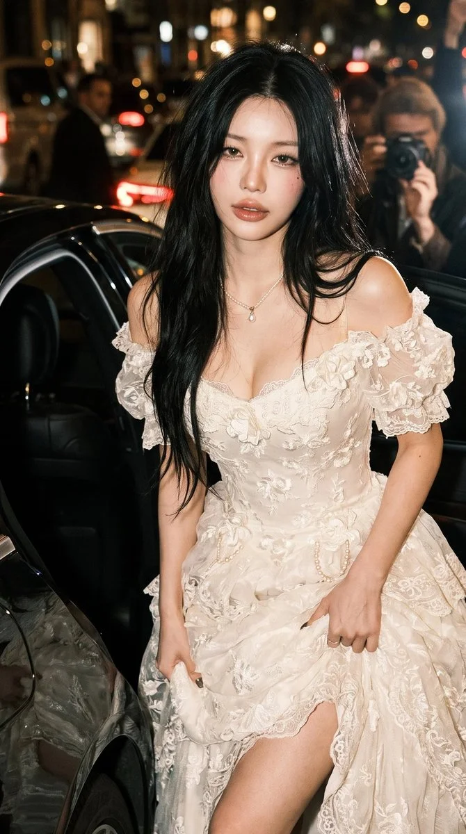 Bride emerges from black car under flashing cameras at night