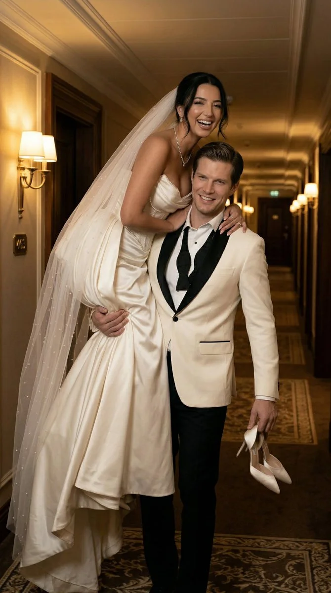Bride laughs as groom carries her through glowing hallway