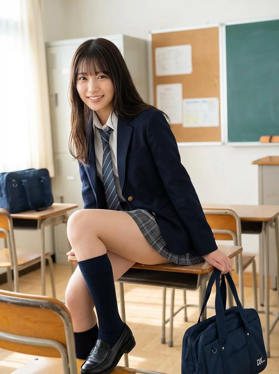 Bright Portrait of a Japanese Schoolgirl in Natural Classroom Light