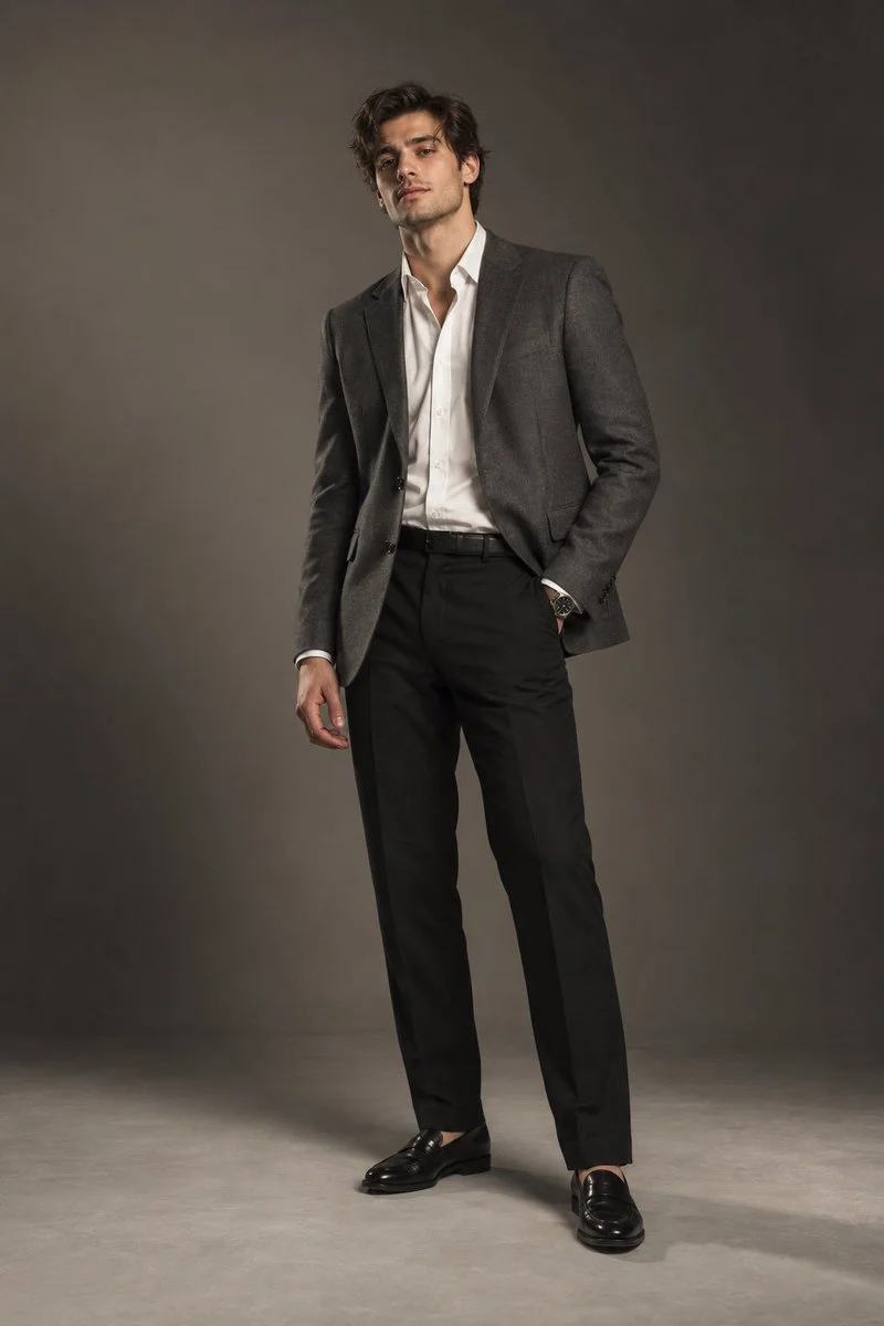 British male model poses in charcoal blazer under studio lighting