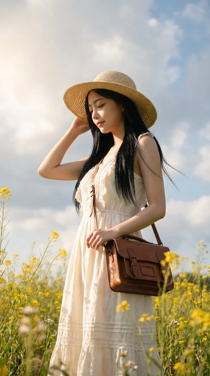 Brown Satchel Anchors Softness in Sunlit Wildflower Field
