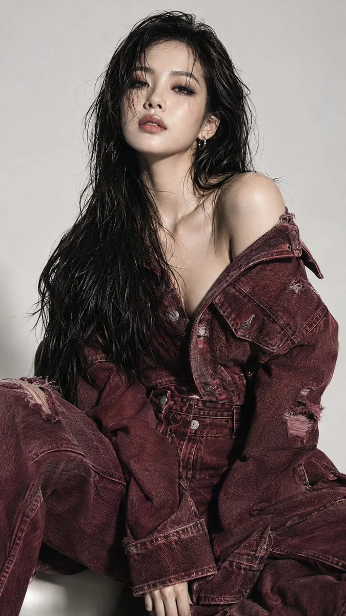 Burgundy Denim Clad Woman Strikes a Confident Studio Pose