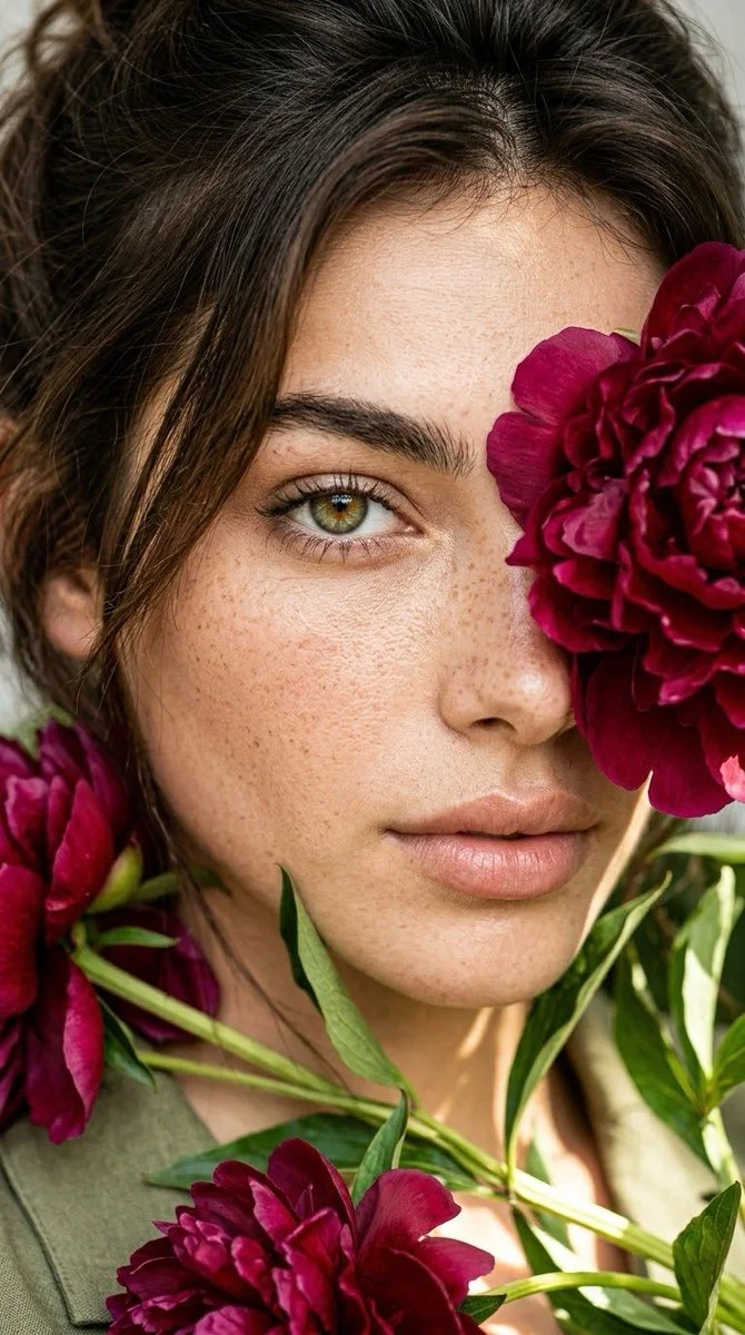 Burgundy Peony Petals Frame a Freckled Face in Golden Sunlight