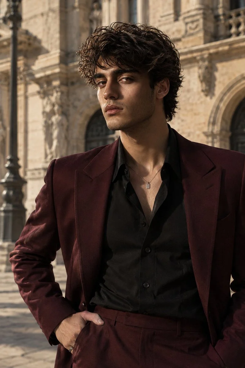 Burgundy Velvet Suit Young Man Poses Before Ornate Stone Building
