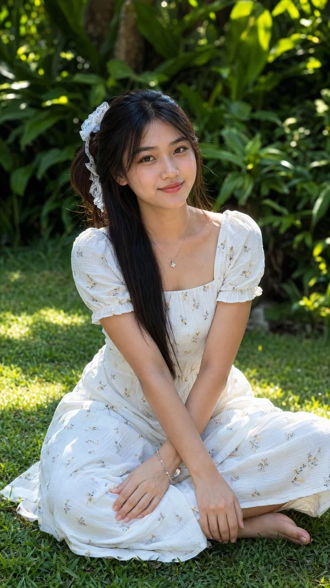 Burmese woman with long black hair sits in sunlit garden