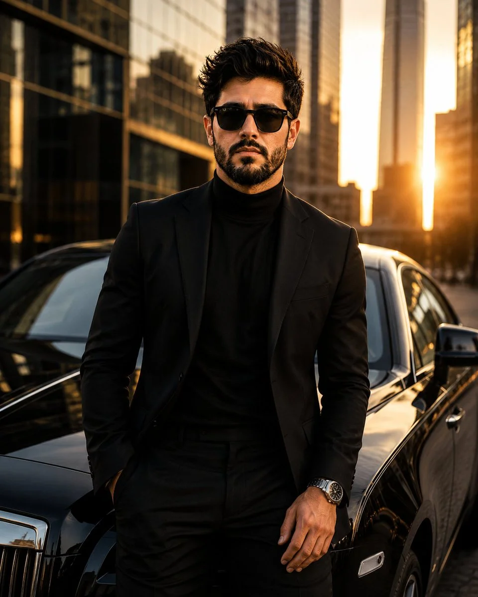 Businesswoman in black blazer leans against luxury car