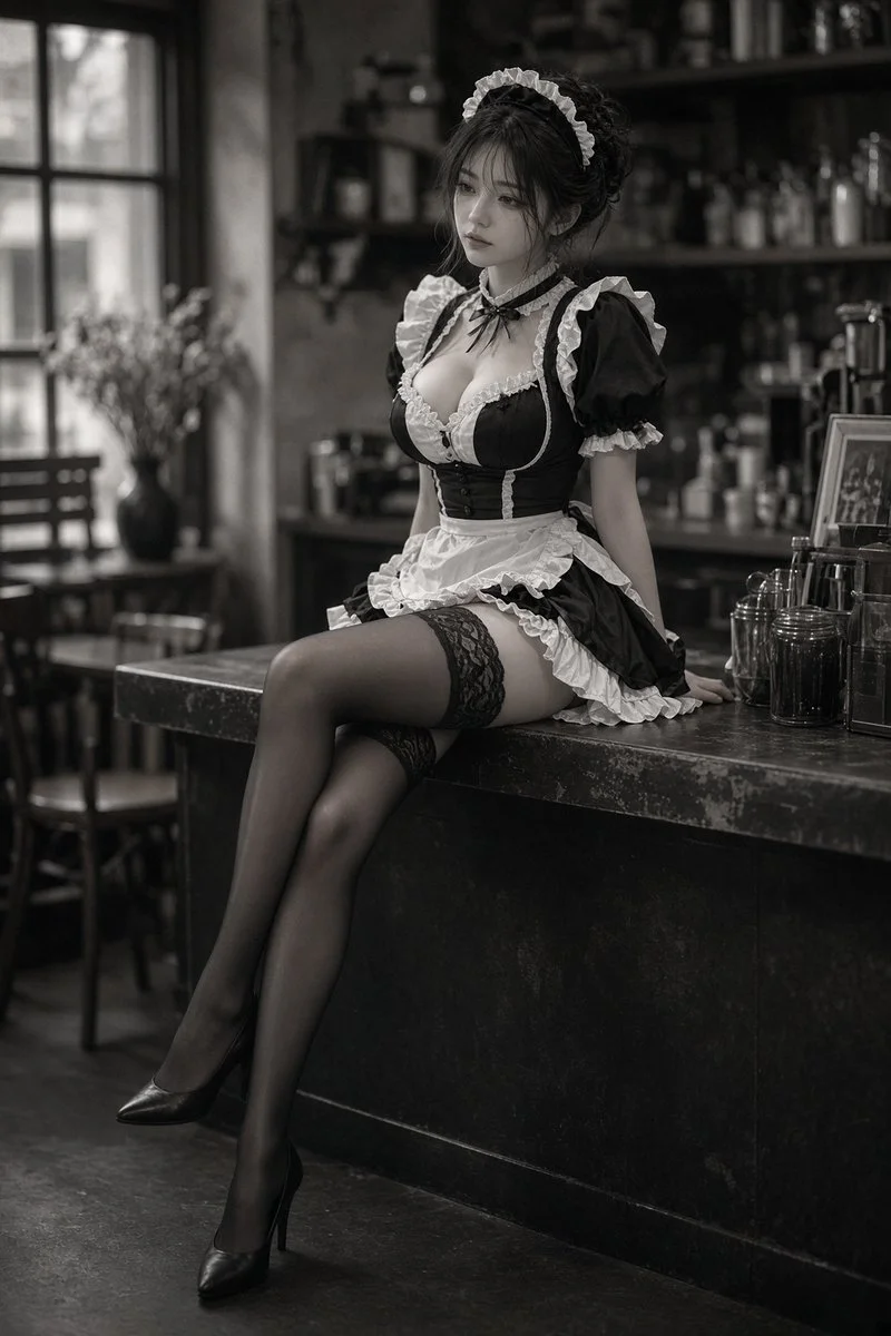 Café Counter Chat: Maid's Pensive Gaze in Soft Light