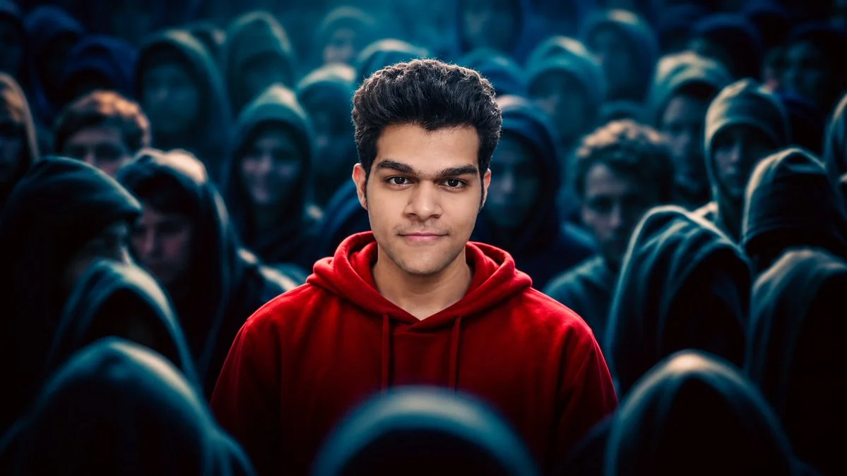 Calm Confident Protagonist Faces Camera in Sea of Hooded Figures