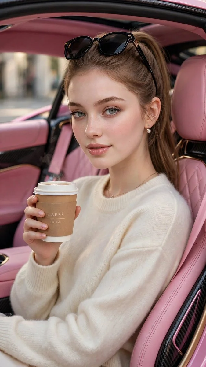 Calm driver with coffee pauses inside a pink luxury car