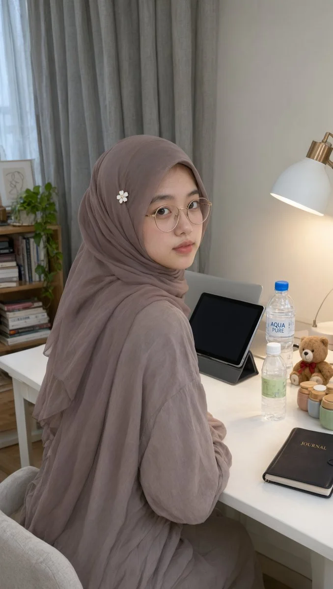 Calm hijabi student turns with shy look amid study desk