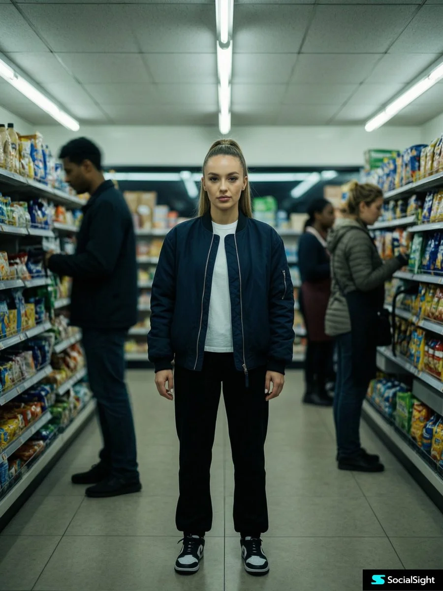Calm woman holds gaze in motion-blurred convenience store aisle