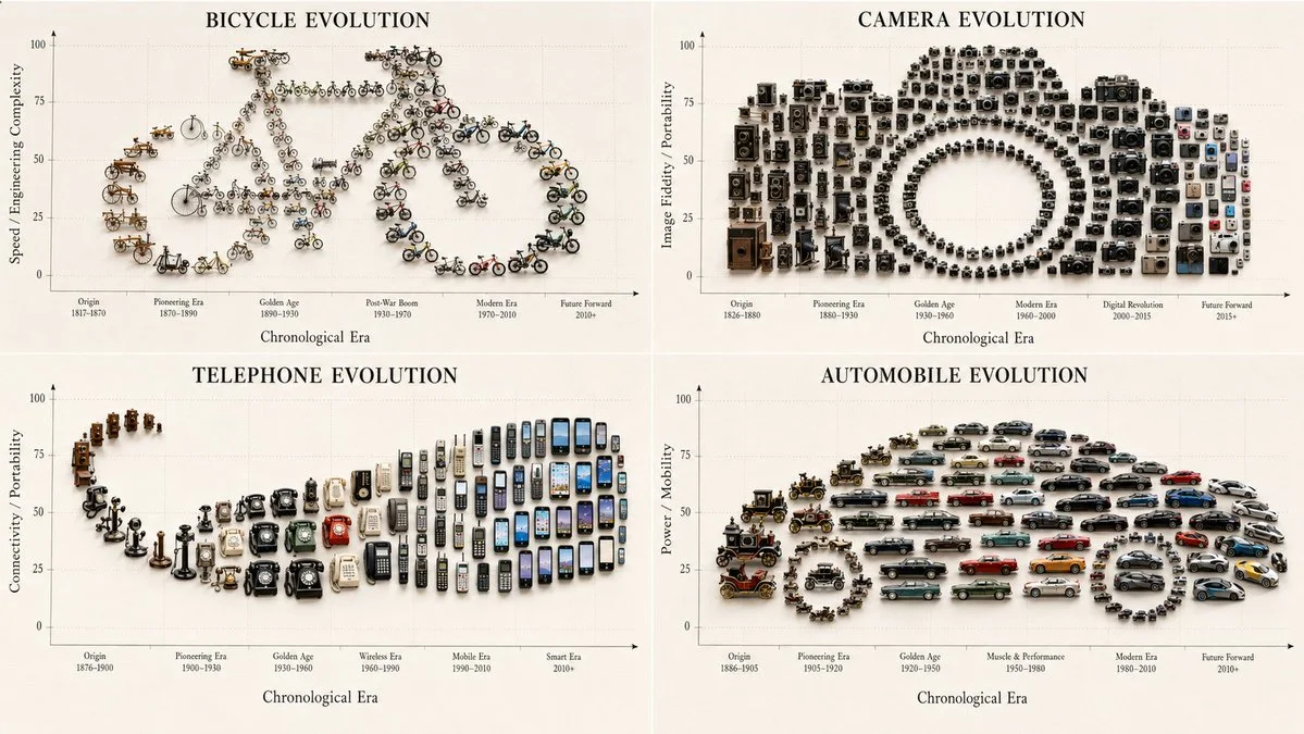 Camera evolution grid forms giant camera silhouette on canvas