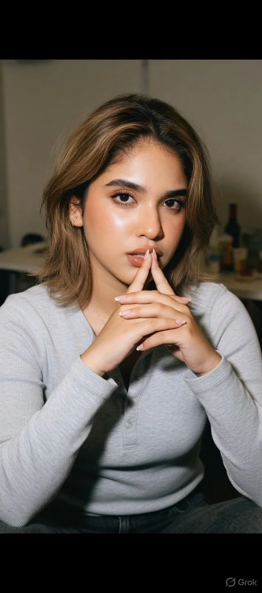 Candid Introspection: Raw Flash Portrait of Thoughtful Young Woman