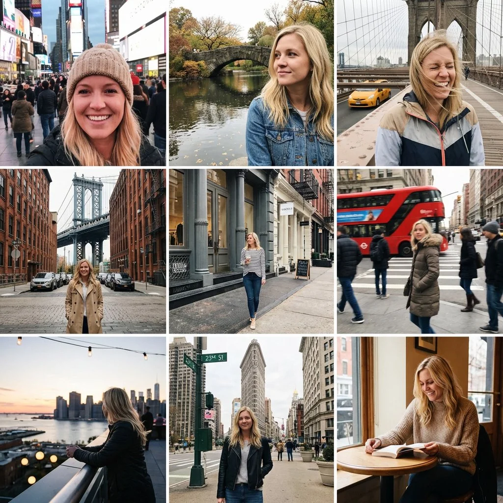 Candid Istanbul Journey: A Woman's Natural Travel Moments in 3x3 Grid