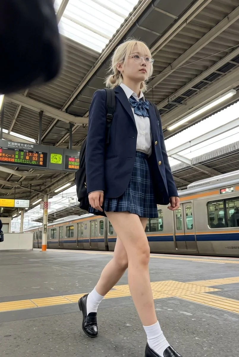Candid Moment: Young Woman Walking at Japanese Train Platform