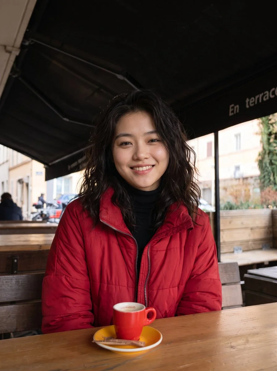 Candid outdoor portrait captures warm smile beneath dark awning