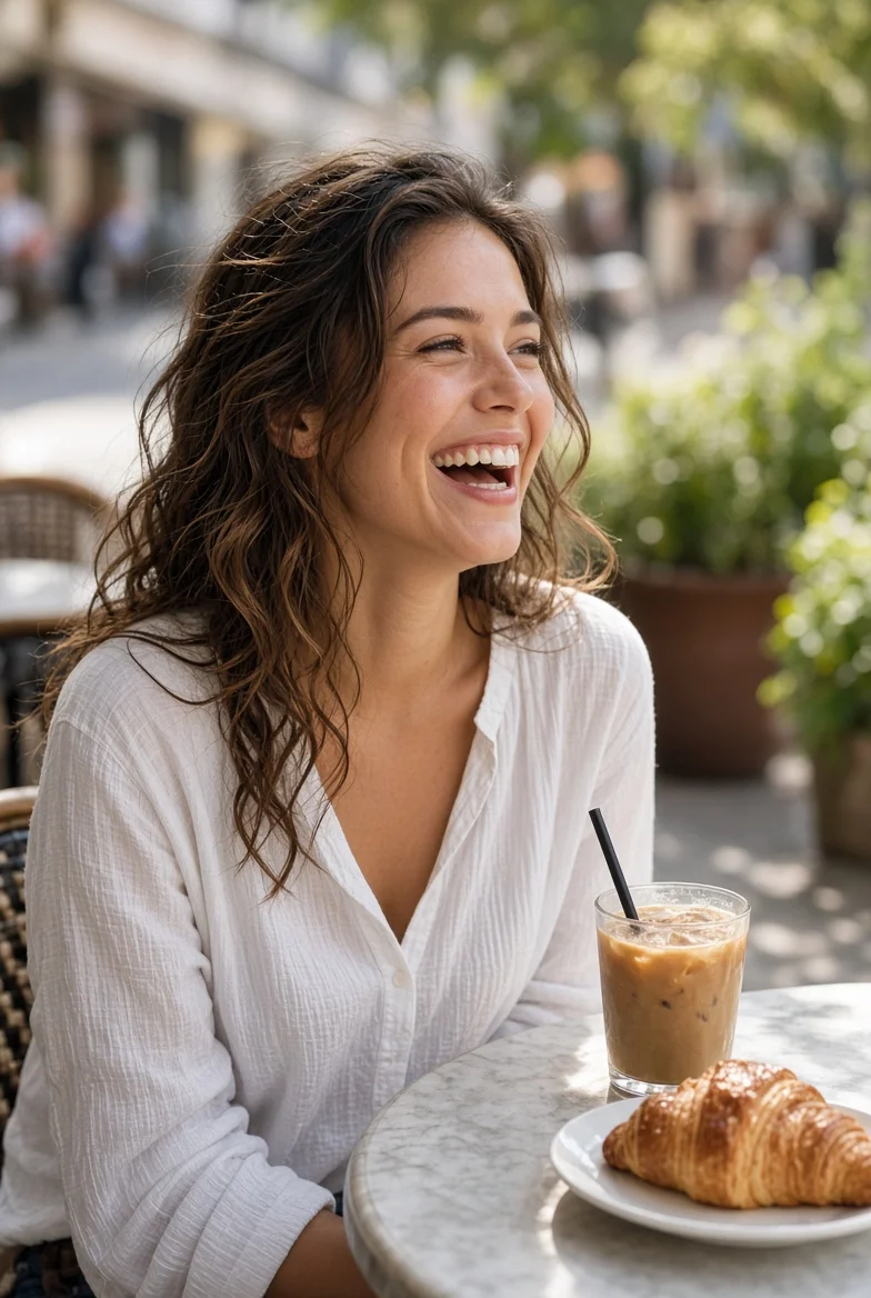 Candid Photo Captures Pure Happiness Over Iced Coffee and Croissant