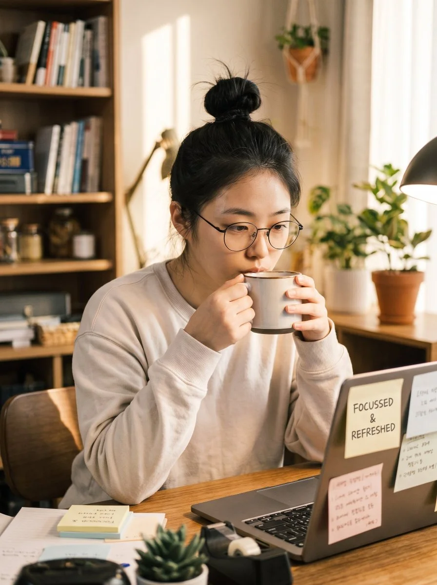 Candid portrait of exhaustion in a cozy chaotic home office