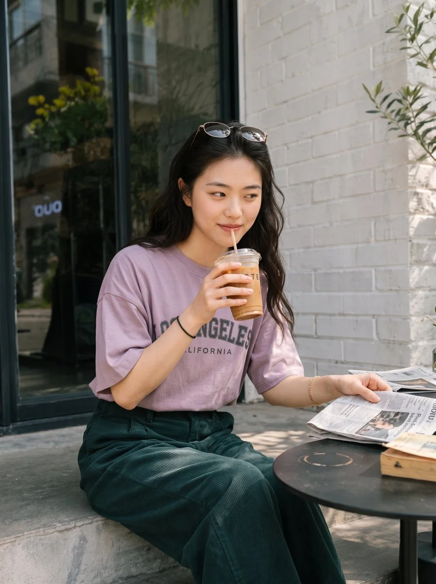 Candid portrait of woman reading newspaper on sunny cafe step