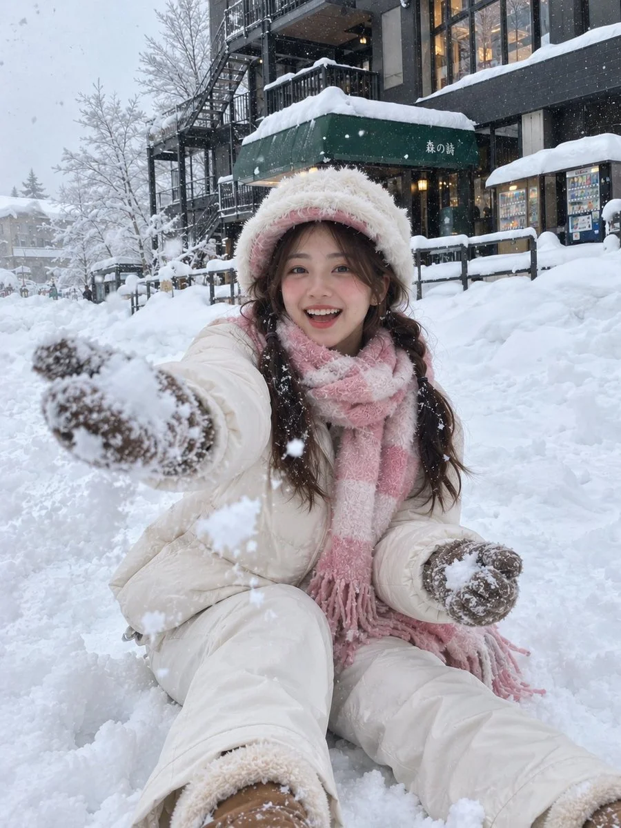 Candid winter portrait of laughing woman sitting in snowbank