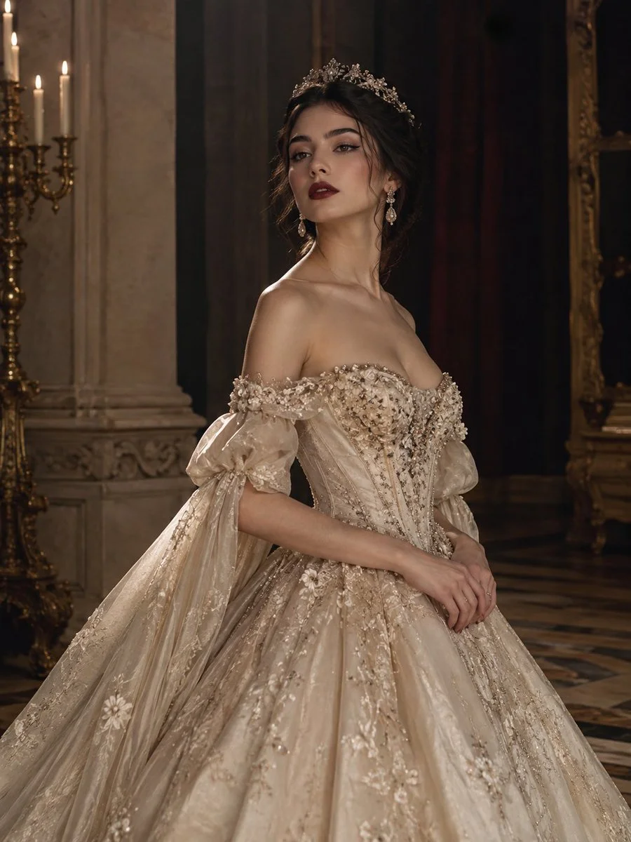 Candlelight Glows on Beaded Gown of Palace Bride