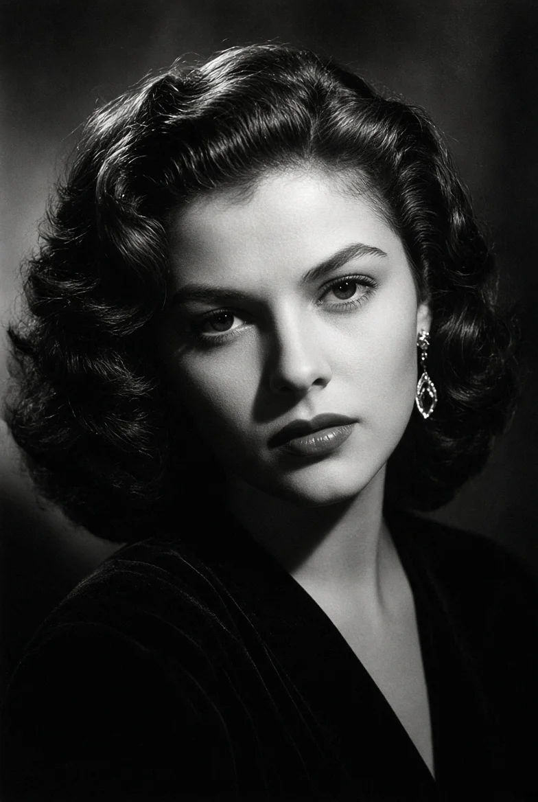 Captivating 1940s Starlet Poses in Dramatic Black-and-White Studio Portrait