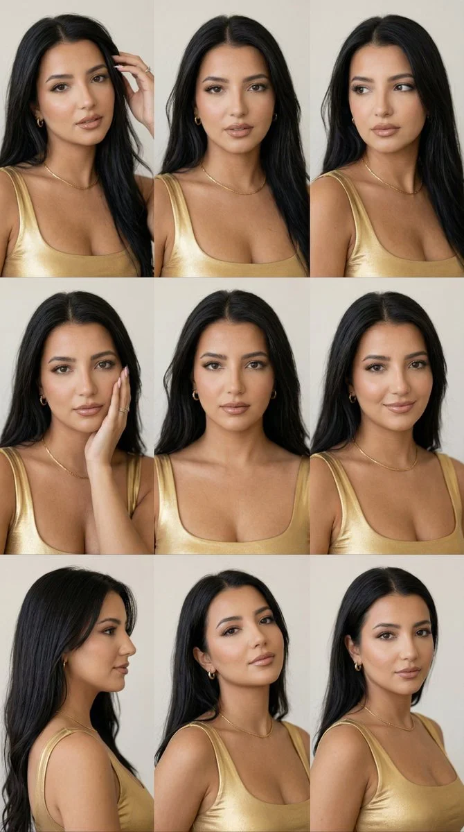 Captivating Editorial Grid Showcasing Subtle Expressions of a Woman in Gold