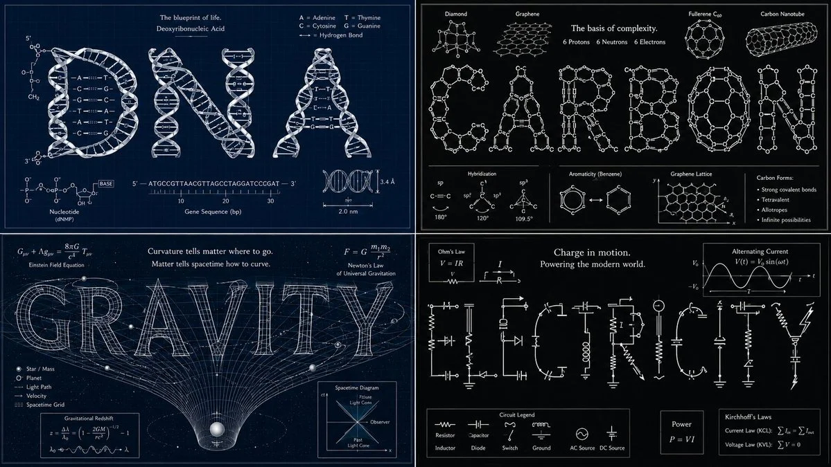 Carbon letters built from hexagonal benzene rings glow on blueprint