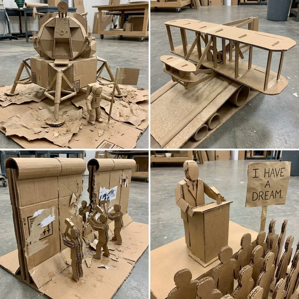 Cardboard Chronicles: Four Historic Moments Sculpted in Paper