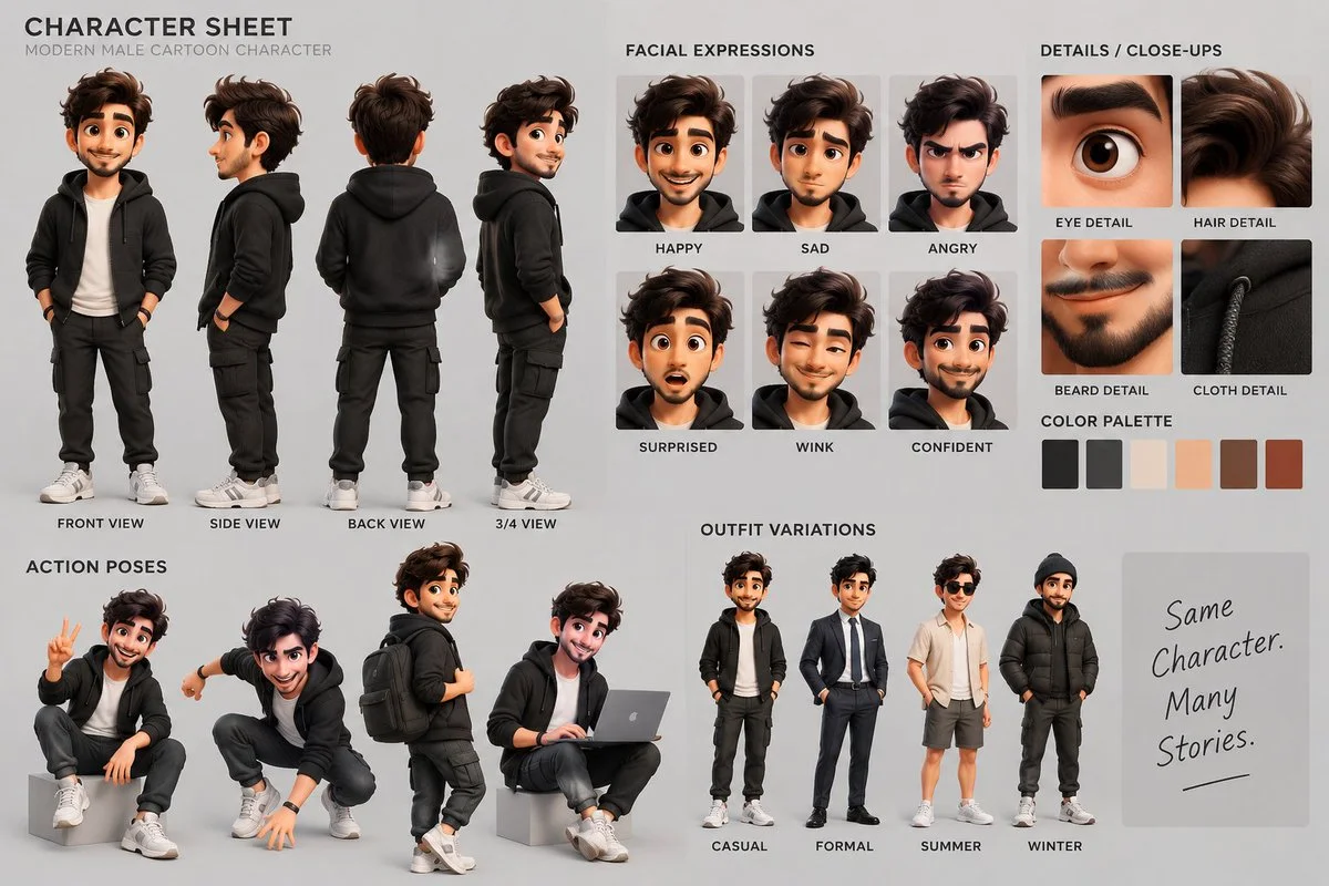 Cartoon Character Sheet Preserves Identity Across Every View and Pose