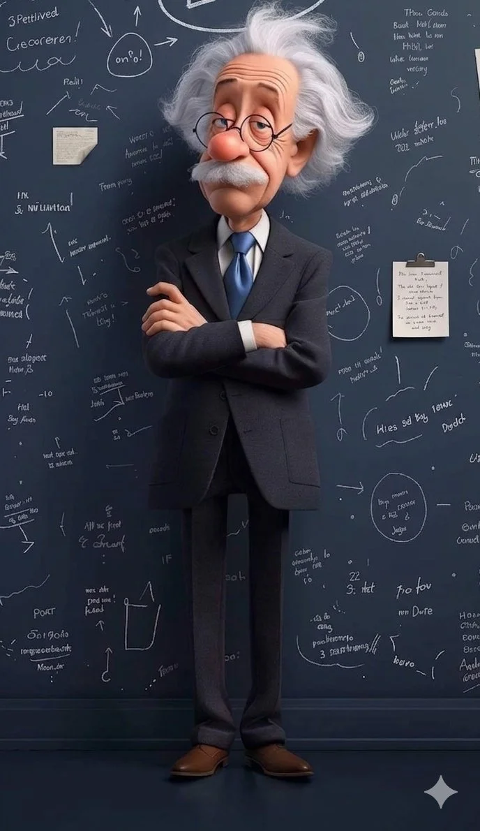Cartoon Einstein in a Chalkboard Lab