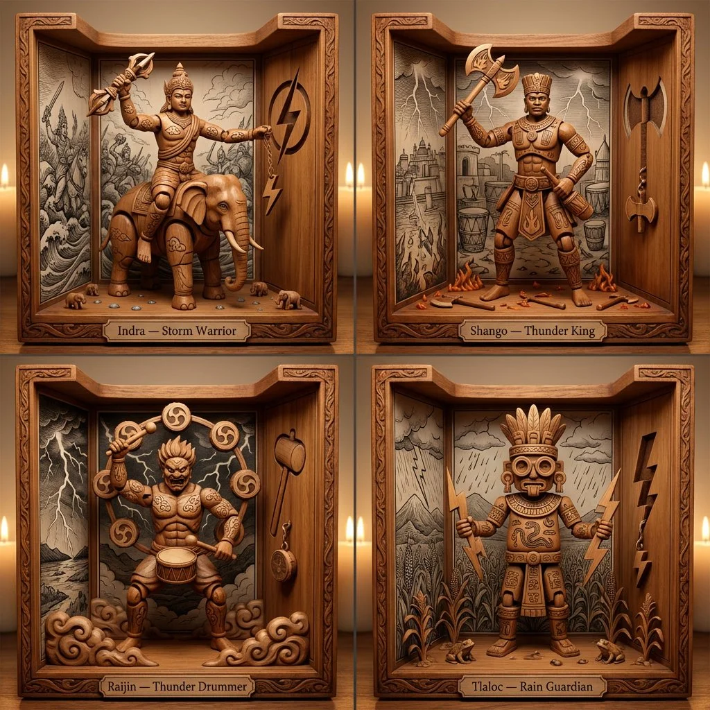 Carved Wooden Shrine: Four Hidden Tricksters in Mythic Automaton Form