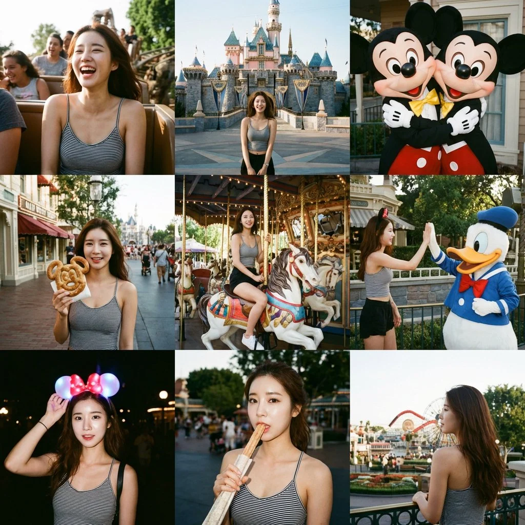 Casual Charm: 3x3 Grid of Candid Disneyland Moments