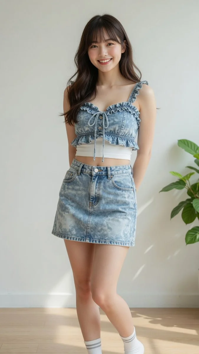 Casual denim two-piece set styled with ruffled crop top and skirt