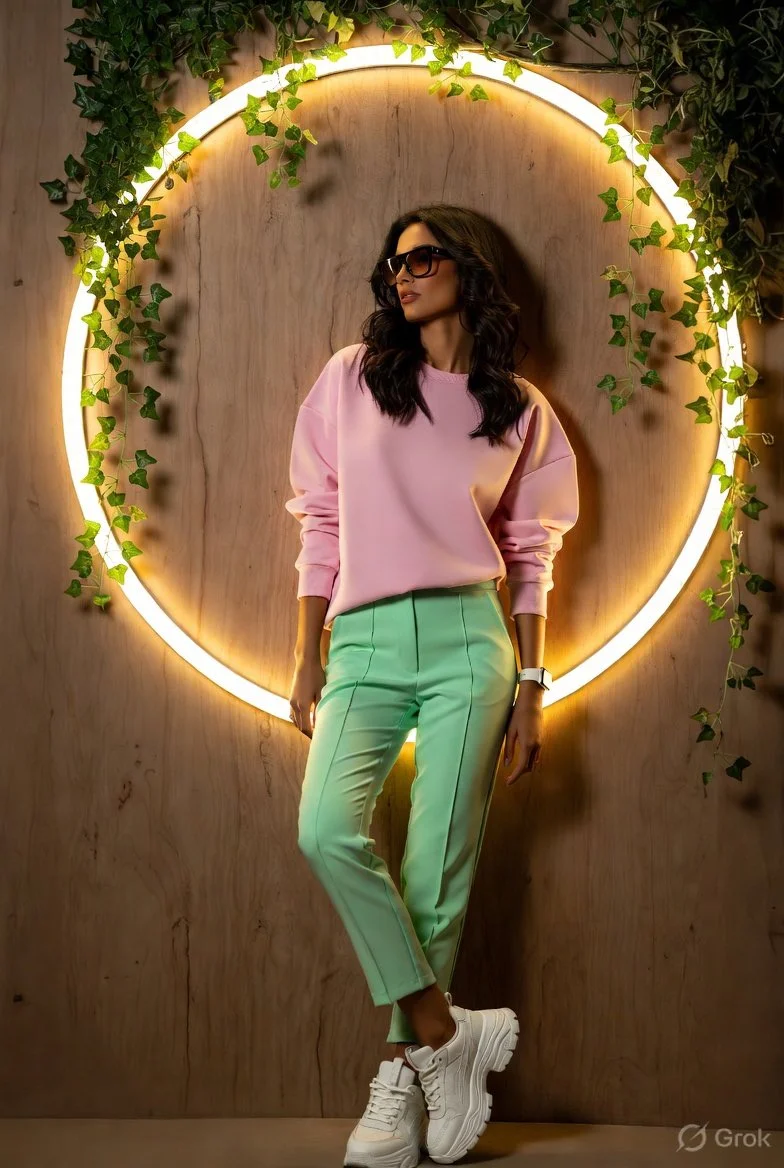 Casual elegance meets cinematic glow in fashion portrait
