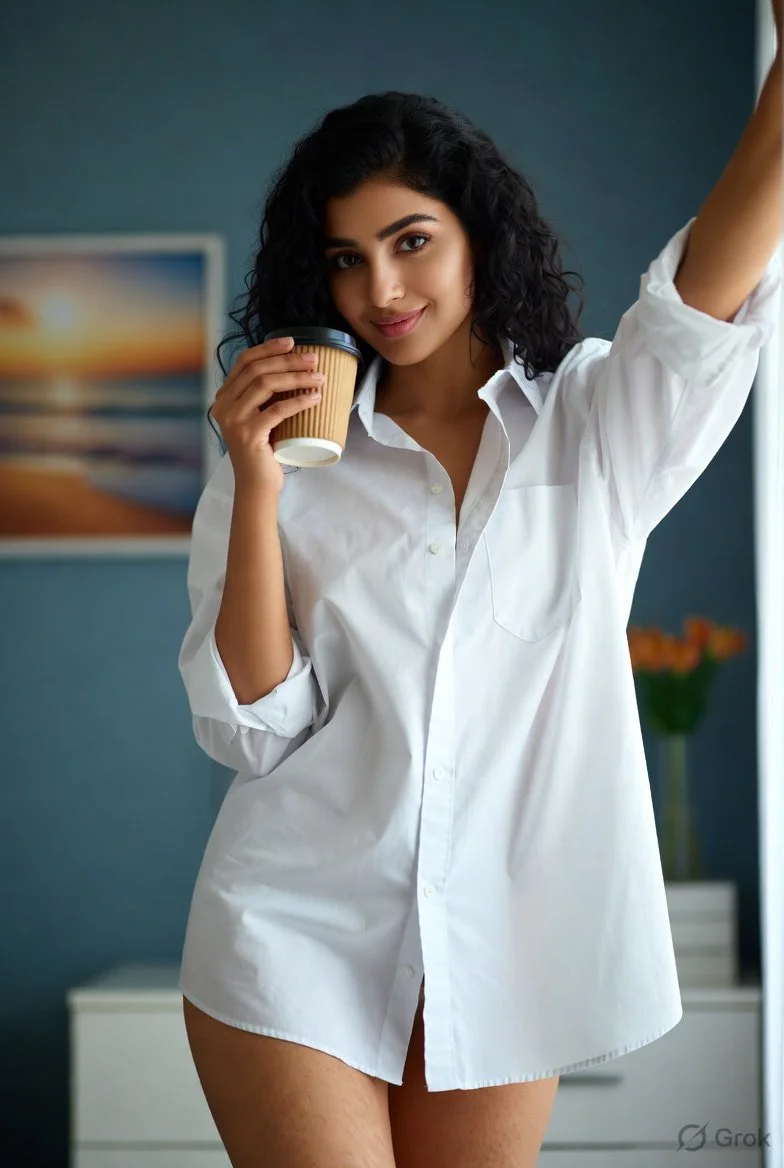 Casual selfie portrait captures morning coffee and soft daylight