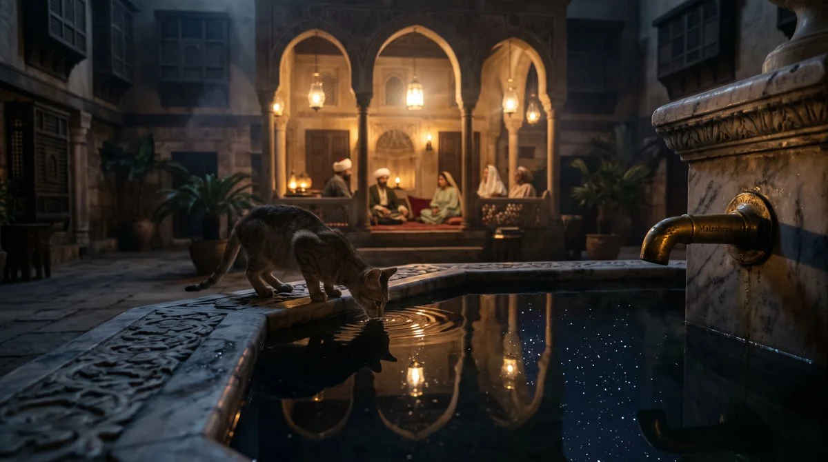 Cat drinks from fountain in Cairo courtyard at night