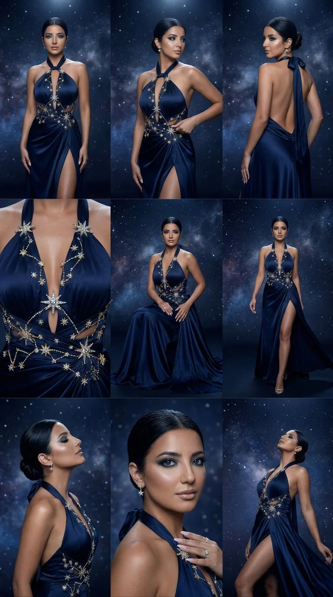 Celestial Couture: Midnight Navy Gown Among the Stars