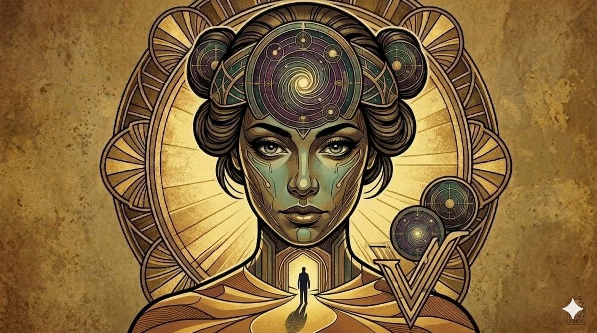 Celestial Matriarch: A Fusion of Art Nouveau and Futuristic Geometry