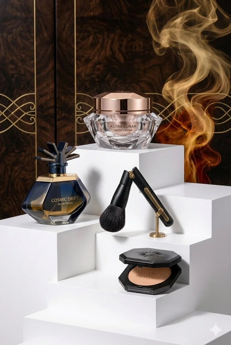 Celestial Opulence: Luxurious Skincare and Cosmetics in Dramatic Contrast