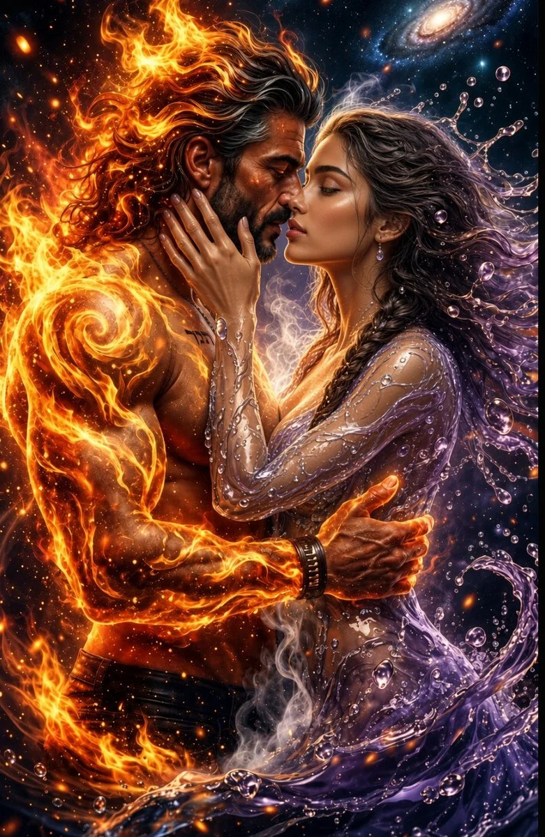 Celestial Water Goddess and Fire Titan Unite in Deep Space